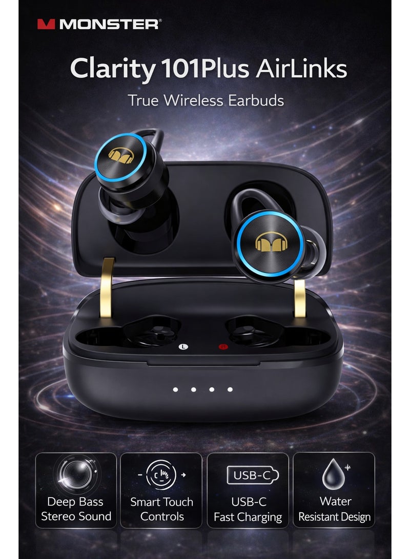 Monster Clarity 101Plus AirLinks True Wireless Earbuds | Bluetooth 5.0, Deep Bass Stereo Sound, Touch Control, Clear Calls, USB-C Charging Case, Water-Resistant Sports Earphones - Image 1